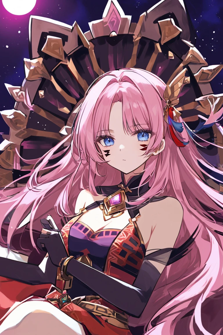 citlali,1girl,reclining,double peace,sleepy,pink hair,parted bangs,very long hair,hair down,braids,(hair ornament),facial Mark,heavy makeup,blue eyes,(pink pupils),tribal clothes,Tribal clothing,Loin cloth,Black Bare Shoulder,leotard,skirt,One Elbow Glove,fingerless gloves glowing eyes,medium breasts,waistcloth,citlali,シトラリ,beautiful detailed,hyper detail,masterpiece,best quality,bright,citlali,moon night