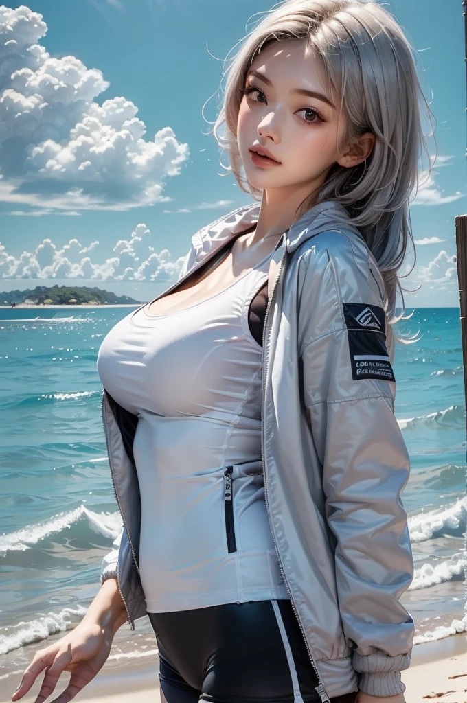 2.8D illustration, masterpiece, best quality, 1girl, medium breasts, sideboob, white hair, long hair, beautiful, sea, beach, ocean, sky, noon, sunlight, sports wear, sports girl, black-and-white clothing, short jacket. face:sweet girl
