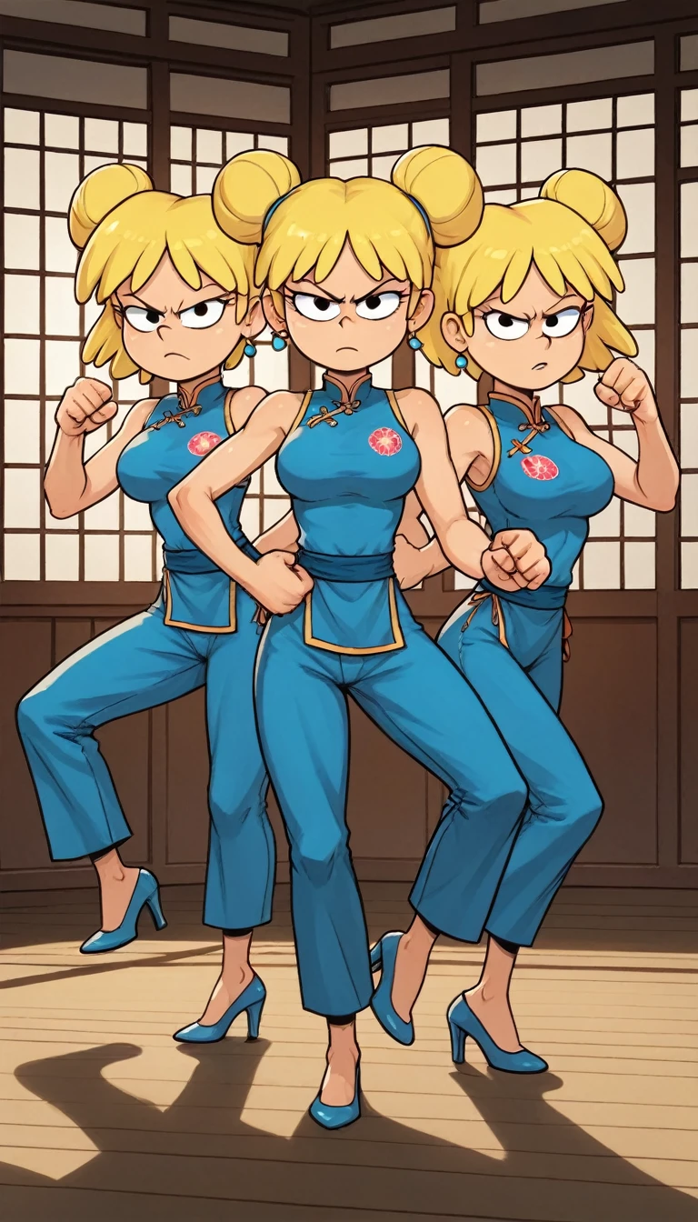 lori loud, 3girl, trio, 24yo girl, huge breasts, blue cheongsam,  inside of a chinese style temple,  looking at viewer, blonde hair, short hair, two hair buns , hands  score_9, score_8_up, score_7_up, high heels,teep fighting stance,martial arts, giarding the starir, starirs behind them, a door behind the stair, they are identical twins