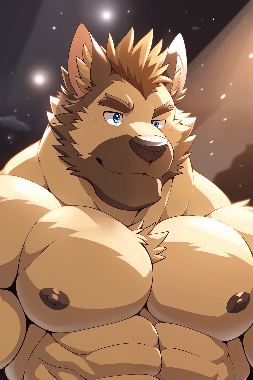 Author: Takemoto Arashi, (1 boy), Coach Gil, One, Men's Second, kemono, hot body, muscle, Beautiful, sexual, Attractive guy, (Detailed eyes), detailed eyes,  (masterpiece, A high resolution, Best quality), 4K, nipples, a male, portrait, Beautiful shadow, nipples, pecs focus, nipple focus, penis, balls, precum, cum, 