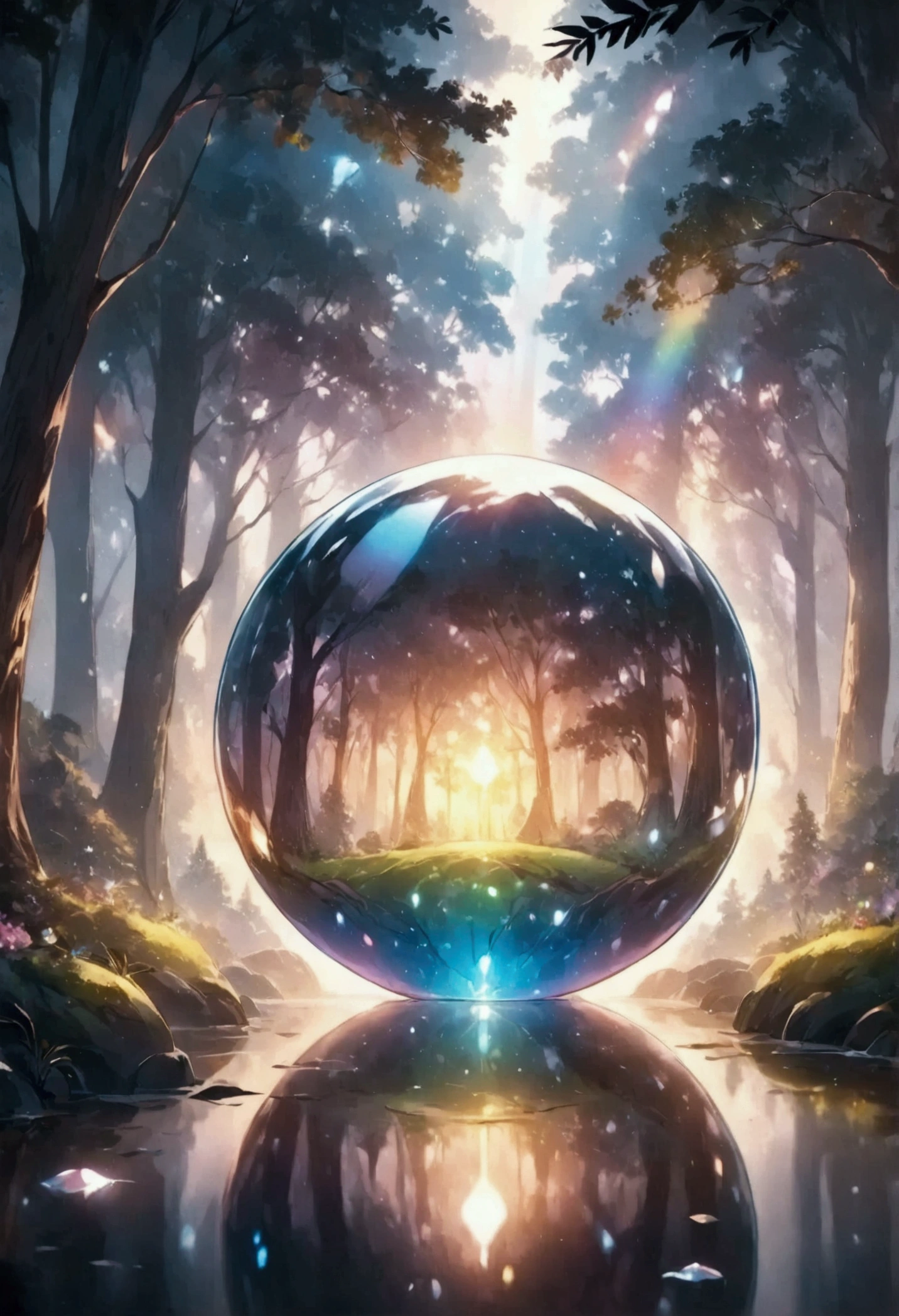 masterpiece, best quality, 8k, highres, ultra-detailed, cute forest, simple and charming style, midnight,floating rainbow glowing orb of light, single light crystal, light reflection,surrounded by trees and foliage, peaceful and magical atmosphere, soft and gentle lighting, whimsical and serene mood, minimalist details