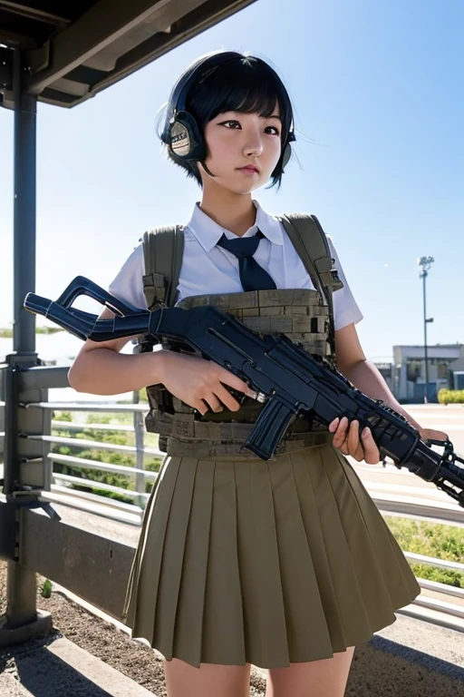 (( Japanese high school girl with black hair short cut)),( short sleeved white blouse ),((olive skirt)),(Ribbon tie), 18 year old healthy girl 、((plate carrier)),(( olive ear protectors)),On the footbridge、( large automatic rifle propped up ),whole body、((heavy equipment schoolgirl ))、((Assault bag)), perfect eyes