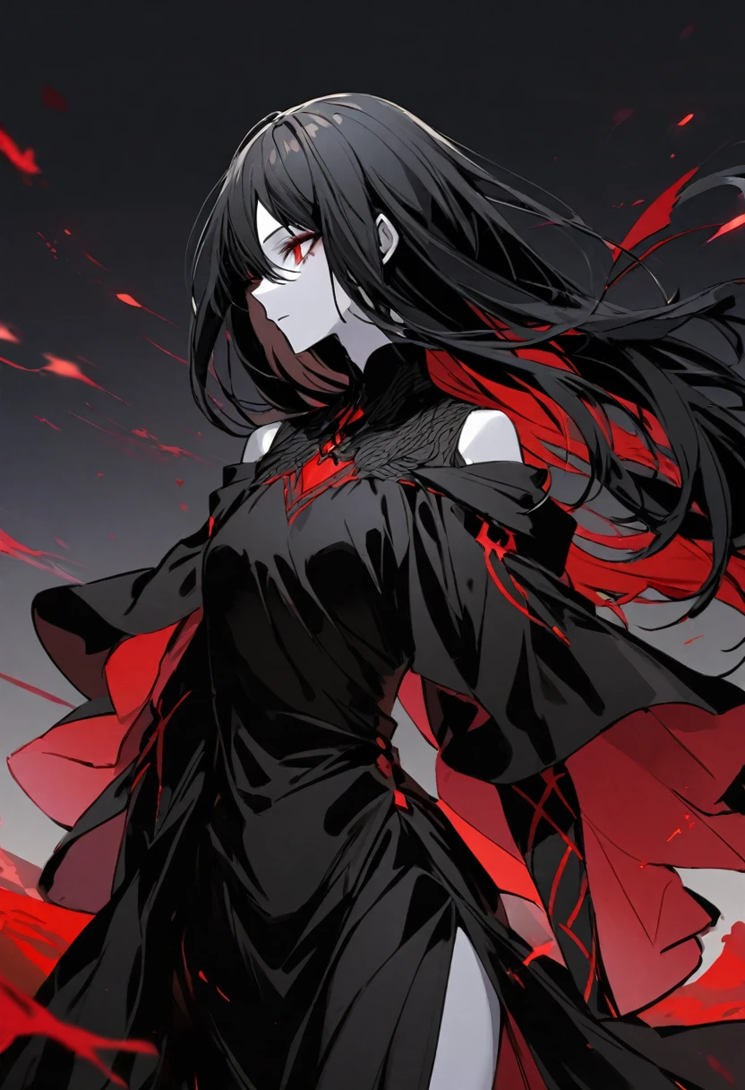beautiful woman in business suit, long black hair, black eyes, looking at viewer, red background with details supernatural, macabre, supernatural creatures, intricate details, hyperrealistic, 8k, octane render, chiaroscuro lighting, cinematic composition, dramatic atmosphere, digital art