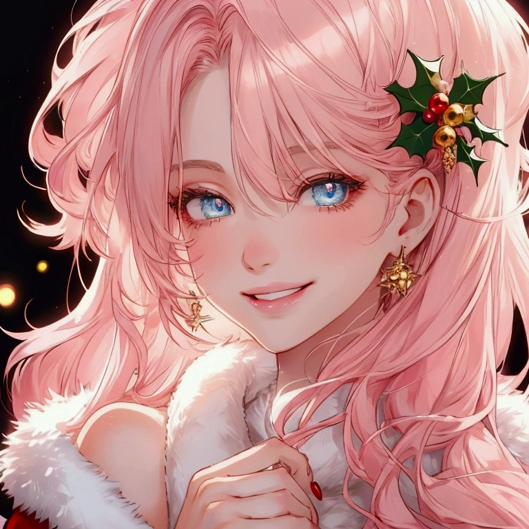 high quality, detailed, beautiful light pink  hair, beautiful light eyes,female, beautiful LIps,fur jacket, Christmas,simple blackground,smile,