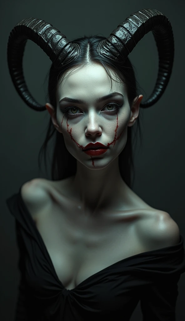 long light brown hair, (full body portrait:1.3), psychopath horned demoness with blood flowing over her dark metal armor, scary, Eerie, unsettling, dark, hyperdetailed photography, best quality, photo, 8k uhd, high quality, Sharp focus, High Detail, masterwork, dramatic, snow white skin, dynamic, dramatic, sensual, dynamic pose, highly detailed skin with hair, subcutaneous veins, light and shadow play, highly detailed,24mm photograph, film, bokeh, professional, 4k,