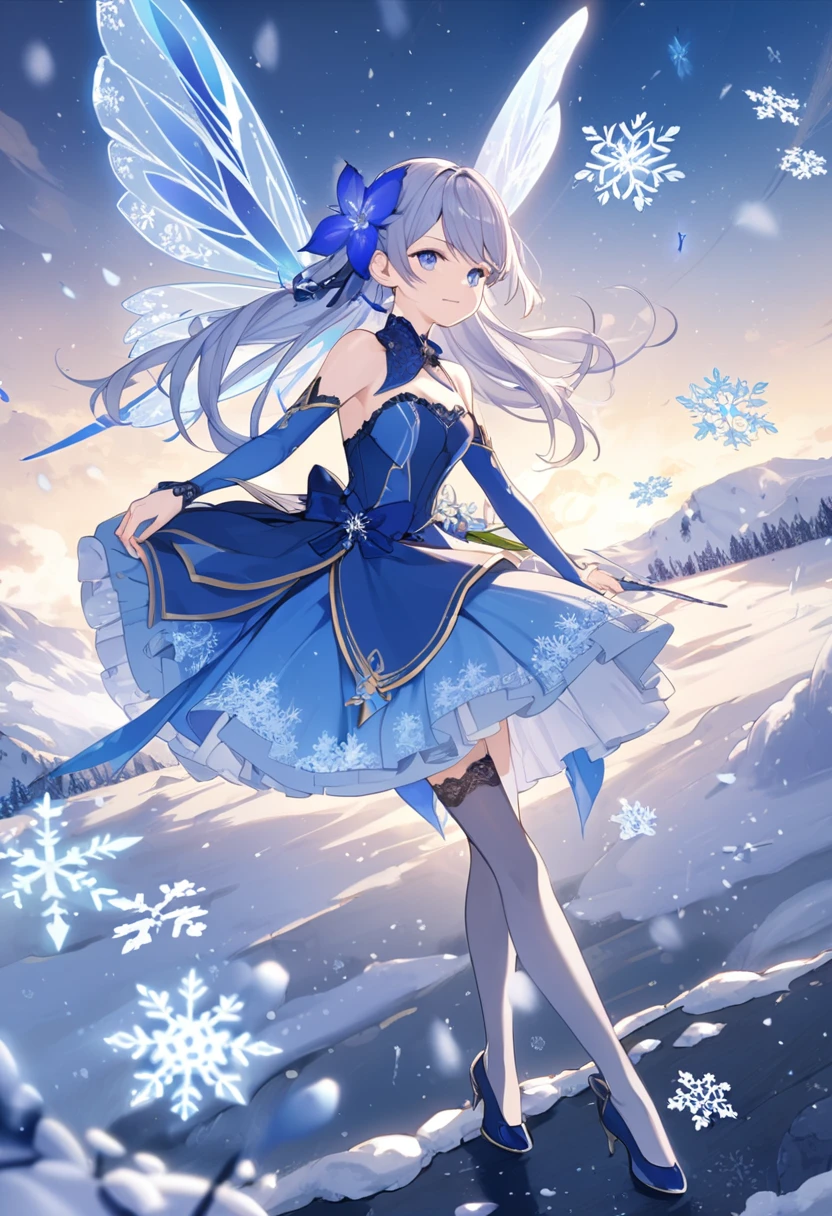 A girl, Blue Iris, Blue Iris Narcissus Fairy, details, in battle, full body photo, elegant, gentle, snowflakes, stockings, lace