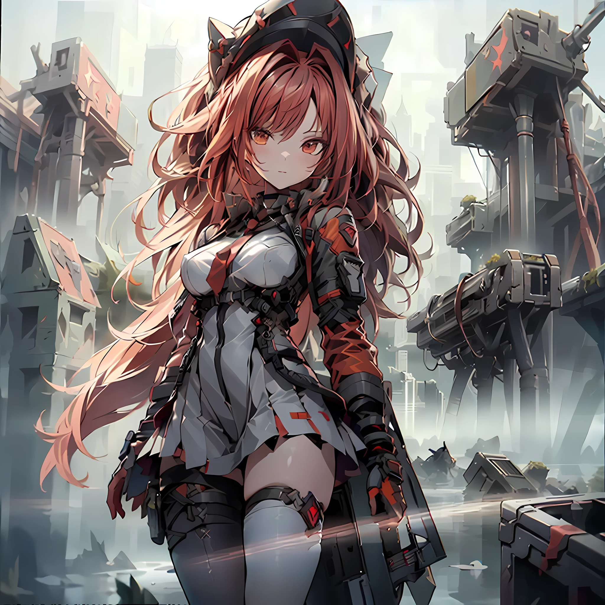 ((Best quality)), ((masterpiece)), (detailed:1.4), 3D, an image of a beautiful cyberpunk female, long burning red hair, burning hair, Red eyes, Black Barret Hat, Red Soldier Shirt, White undercloth, black panty, black skirt, black thick boot, long black kneesock, Grenade belt, Big chest, Big thigh, High thigh black knee sock, full view of girl, battlefield background, black combat boot, red necktie, black glove, White combat suit, black panty, ammo belt, HDR (High Dynamic Range),Ray Tracing,NVIDIA RTX,Super-Resolution,Unreal 5,Subsurface scattering,PBR Texturing,Post-processing,Anisotropic Filtering,Depth-of-field,Maximum clarity and sharpness,Multi-layered textures,Albedo and Specular maps,Surface shading,Accurate simulation of light-material interaction,Perfect proportions,Octane Render,Two-tone lighting,Wide aperture,Low ISO,White balance,Rule of thirds,8K RAW,