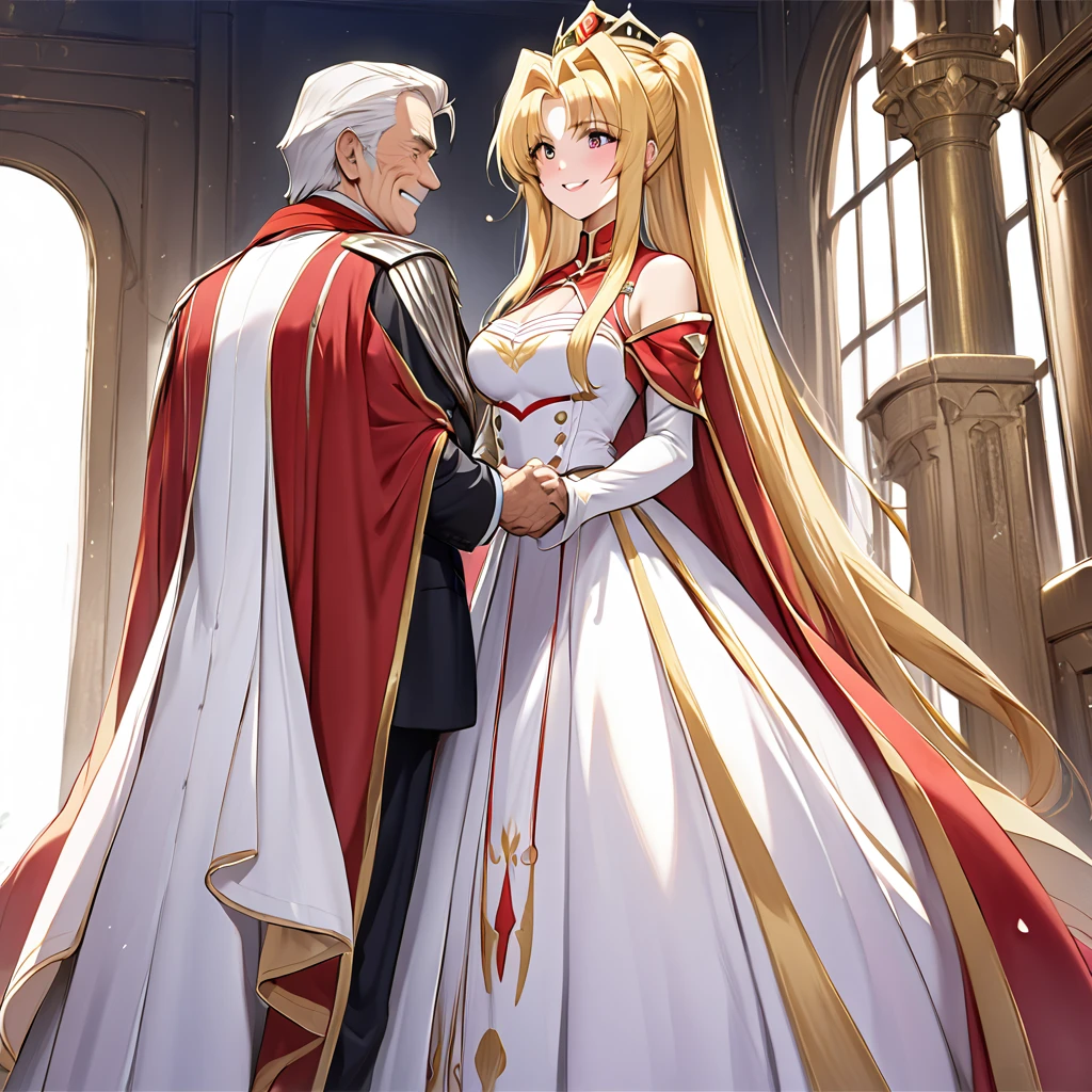  The woman who is the queen of the kingdom is a beautiful blonde Fate Testarossa, wears a gorgeous and charming dress from the kingdom, pledges absolute loyalty and love to the great king's elderly man, and supports and loves each other in public and private as a wife、((Best Quality)), ((masterpiece)), ( Details), （ perfect face）,The woman is a Fate Testarossa with excellent proportions and is finished as a woman of the kingdom in her mansion 、The woman is smiling gently