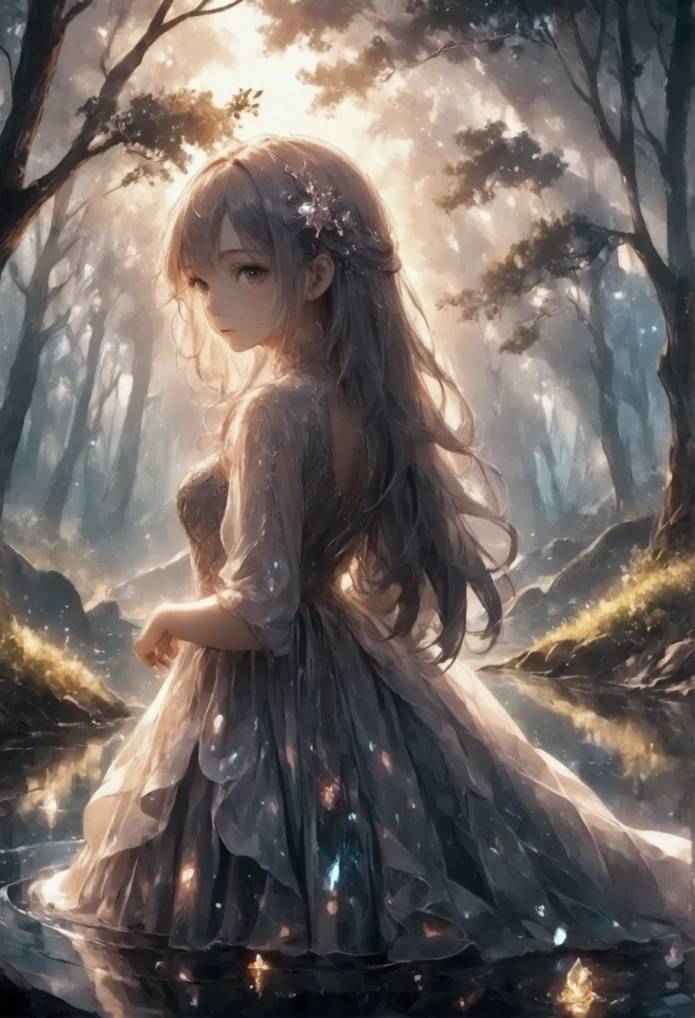 masterpiece, best quality, 8k, highres, ultra-detailed, HDR, UHD, ultra-fine painting, pastel,
Low Fidelity (lofi) art style, 1girl, fullbody,sit down,holding glowing crystal, light source from crystal, dark forest, serene expression, long hair flowing, intricate dress details, dark environment, no sunlight, mystical and magical atmosphere, gentle reflections on water, surrounded by trees, fantasy lighting, peaceful mood