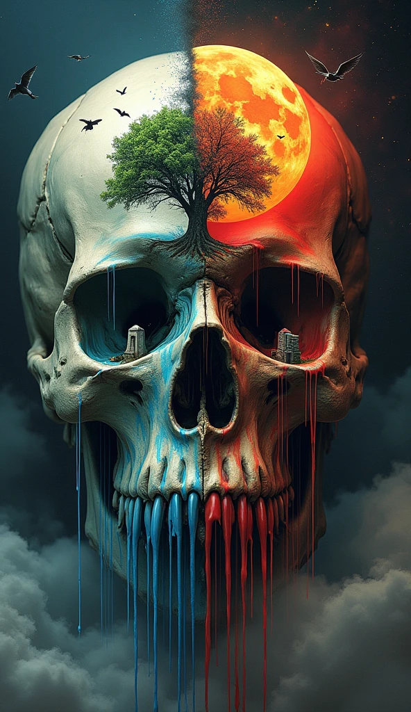 (double exposure:1.3) effect of red mushroom hemp skull and strawberry bushes, superimposed on a neon landscape, ultra detailed
