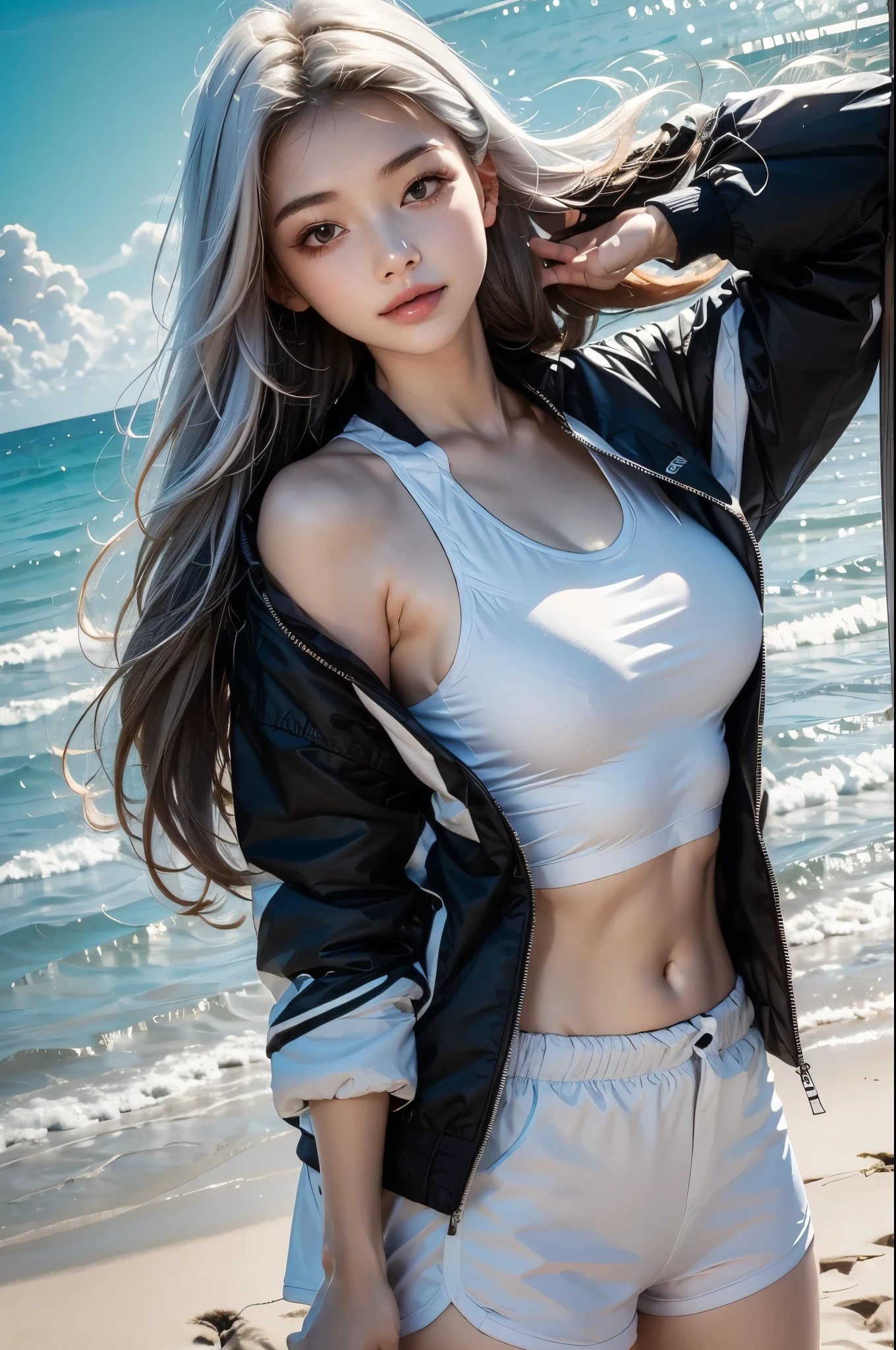 2.8D illustration, masterpiece, best quality, 1girl, medium breasts, sideboob, white hair, long hair, beautiful, sea, beach, ocean, sky, noon, sunlight, sports wear, sports girl, black-and-white clothing, short jacket. face:sweet girl
