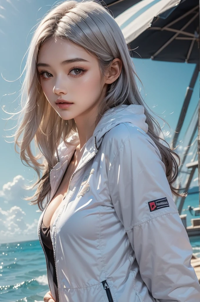 2.8D illustration, masterpiece, best quality, 1girl, medium breasts, sideboob, white hair, long hair, beautiful, sea, beach, ocean, sky, noon, sunlight, sports wear, sports girl, black-and-white clothing, short jacket. face:sweet girl
