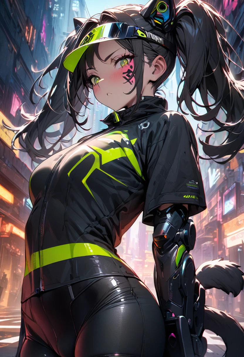 (masterpiece, best quality, ultra detailed, high resolution, detailed facial description), (1 girl:1.3), twin tails, Head visor shaped like a cat's face, bike wear, bike shorts, long mechanical cat tail, inline skates, cyberpunk