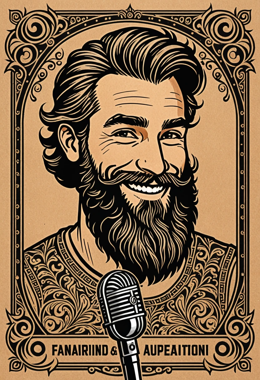 A logo, Black and brown drawing of a sturdy bearded man outdoors,  sly smile under the forehead , on kraft paper , Fantasy,  highly detailed ,  ornate details , microphone