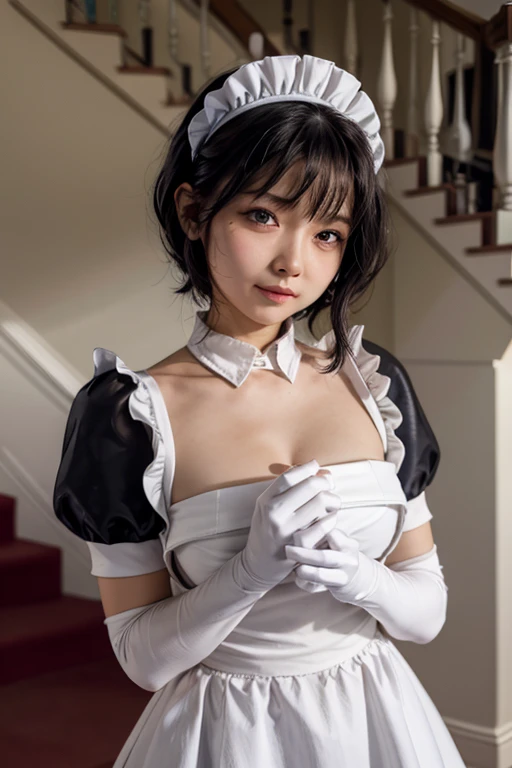 Lilith, 1 girl, apron, [blurred, blush, box, breasts, neckline, mujer de dark skin, dark skin,  depth of field , Split neck, elbow Gloves, flower, Ornaments, Gloves, heart-shaped box, tenure, tenure box, inside, large breasts, maid, maid apron, maid headdress, mole, lunar on the chest,  lunar under the eye ,  half-open lips , puffy short sleeves, puffed sleeves,  purple eyes, CABELLO MORADO, rosa,  short hair, short sleeves, business, Alone, stairs, Sunlight, sweat, valentine, white apron, white Gloves