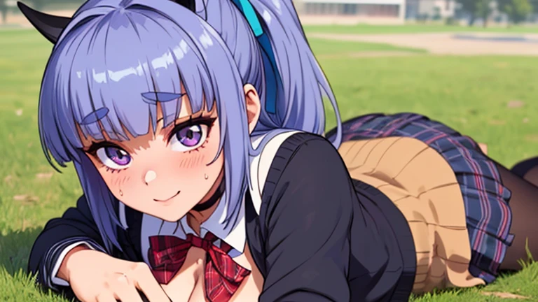 1girl, ((masutepiece, Best Quality, hight resolution, Perfect Pixel))), 16K, top-quality, erotic masterpiece:1.2), full body seen、(hyper-anime:1.37), (super detailed ), (one stunning girl), (extremely detailed and lifelike), (captivating, beautifully detailed eyes), (every curve and detail is super detailed), (exquisite detailed face), Sensual expression, Cool girl, passion, Dynamic), BREAK, girl, Yayoi, long hair, long ponytail, ((color RGB 169, 155, 237 hair)), red ribbon in hair, black choker, purple eyes, muslos, wide hips, wet body, wet face, wet thighs, wet on the legs, BREAK, (a youthful and vibrant 20-year-old), (1 girl, a vision of beauty), ( long hair), (perfectly shaped medium breasts), (perfect lighting to showcase her beauty), neckline, cleavage, BREAK, (her expression, a mix of confidence and desire, ((Beautiful eyelashes, Realistic eyes)), medium breasts, Perfect body, ((red bowtie, School uniform, Black jacket, Open jacket, Brown cardigan, White shirt, gray skirt, plaid skirts)), NSFW, anime style girl, (idol), (Charming), ((Puffy eyes)), Smiling, Laughing, ( lie on grass:1.3)