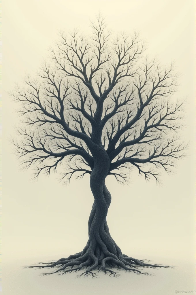 A highly realistic, monochromatic image of a tree that appears physically impossible to stand. The tree has unnaturally large and heavy branches, which are disproportionate compared to its very thin and fragile trunk and roots. The tree is depicted mid-fall, with the heavy branches pulling it downwards, causing the thin trunk to buckle under the weight. The roots, which are shallow and extremely fine, are partially exposed above the ground, emphasizing their inability to support the massive branches. The entire scene is set against a pitch-black background, with the tree illuminated in varying shades of white and gray to highlight its grotesque and unsettling structure. The focus is entirely on the tree, with no other elements in the scene. The image should evoke a sense of discomfort, as the structure of the tree defies the natural laws of physics, making it look like a tree that should not be able to stand.