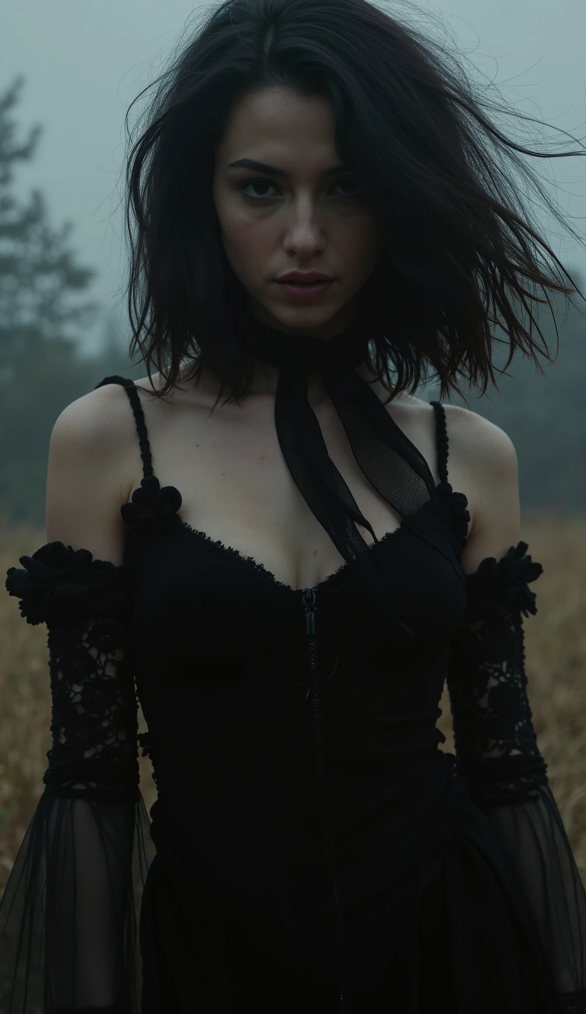 Gothic girl about 20 with black short curly hair, with big blue eyes, in a red dress, in the middle of the forest. The photo is black and white, but in color the girl has big blue eyes, red lips and a red dress, gray shades.Cinematic Still, Hasselblad X2D, Vogue Editorial, Super Detailed, Photorealistic — ar 3:4 — v 5.2