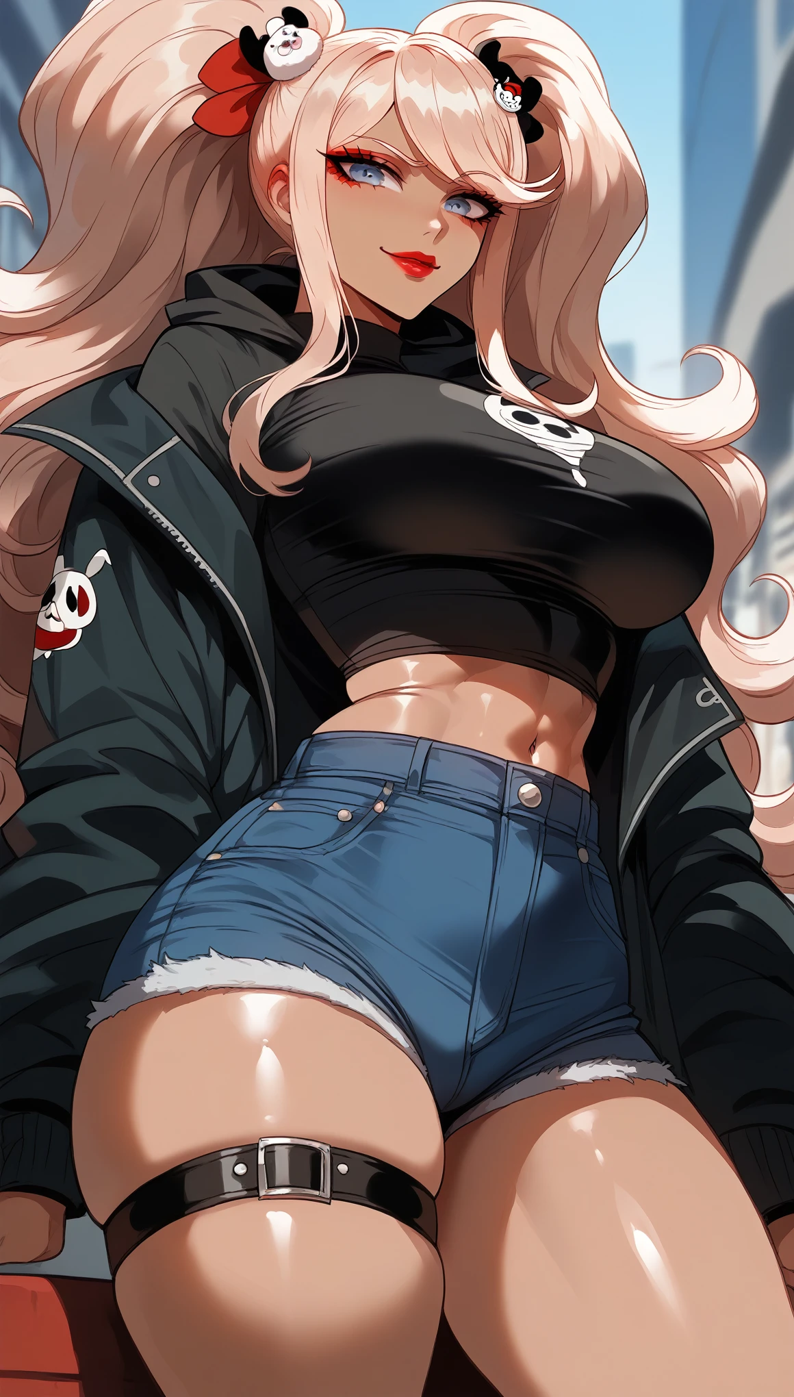perfect eyes、 perfectly sexy face、Ultra Detailed、Junko Enoshima、Danganronpa、shiny hair、( Big breasts ), black shirt、black jacket、Tight Waist、thin waist、 dark blue denim shorts、 Thigh straps 、shiny skin、 tanned skin 、Beleza、erotic、Red Eyeliner、 red lips、wicked smile、 looking at the spectator、