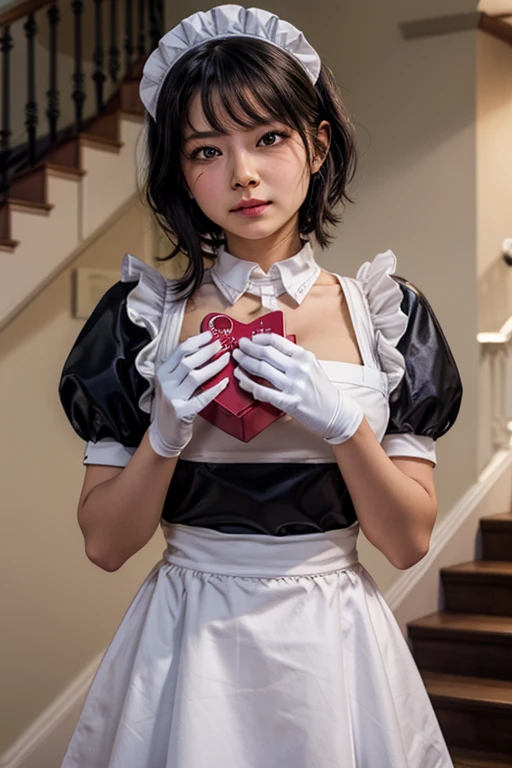 Lilith, 1 girl, apron, [blurred, blush, box, breasts, neckline, mujer de dark skin, dark skin,  depth of field , Split neck, elbow Gloves, flower, Ornaments, Gloves, heart-shaped box, tenure, tenure box, inside, large breasts, maid, maid apron, maid headdress, mole, lunar on the chest,  lunar under the eye ,  half-open lips , puffy short sleeves, puffed sleeves,  purple eyes, CABELLO MORADO, rosa,  short hair, short sleeves, business, Alone, stairs, Sunlight, sweat, valentine, white apron, white Gloves