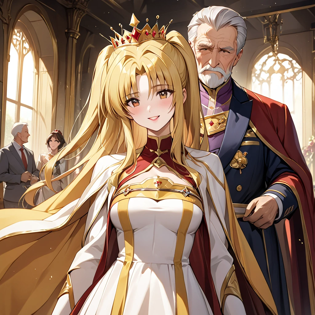  The woman who is the queen of the kingdom is a beautiful blonde Fate Testarossa, wears a gorgeous queen's dress, pledges absolute loyalty and love to the old man of the great king, and supports and loves each other in public and private as a wife、((Best Quality)), ((masterpiece)), ( Details), （ perfect face）,The woman is a Fate Testarossa with excellent proportions and is finished as the queen woman of the kingdom in her mansion 、The woman is smiling gently