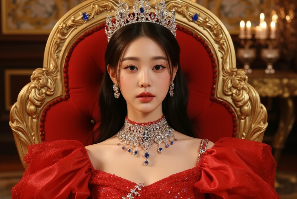 1 girl,beautiful korean girl,long wavy hair , wearing red queen uniform,diamond embellishment on uniform, studio lighting, , dslr, soft lighting, high quality, light reflections,natural makeup, pale skin, detailed skin, beauty spots, skin fuzz,(full body: 1.3),legs,luxury room, palace,front view,sitting on throne,bare shoulder,queen crown,big blue diamond necklace,diamond accessories,