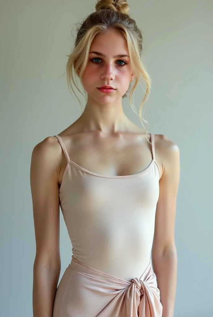 photograph of Abbie Bartlett, young blonde female model aged 20, blond hair, wearing a minidress, hair in pigtails, hands behind back posing in a photostudio, white paper roll background
