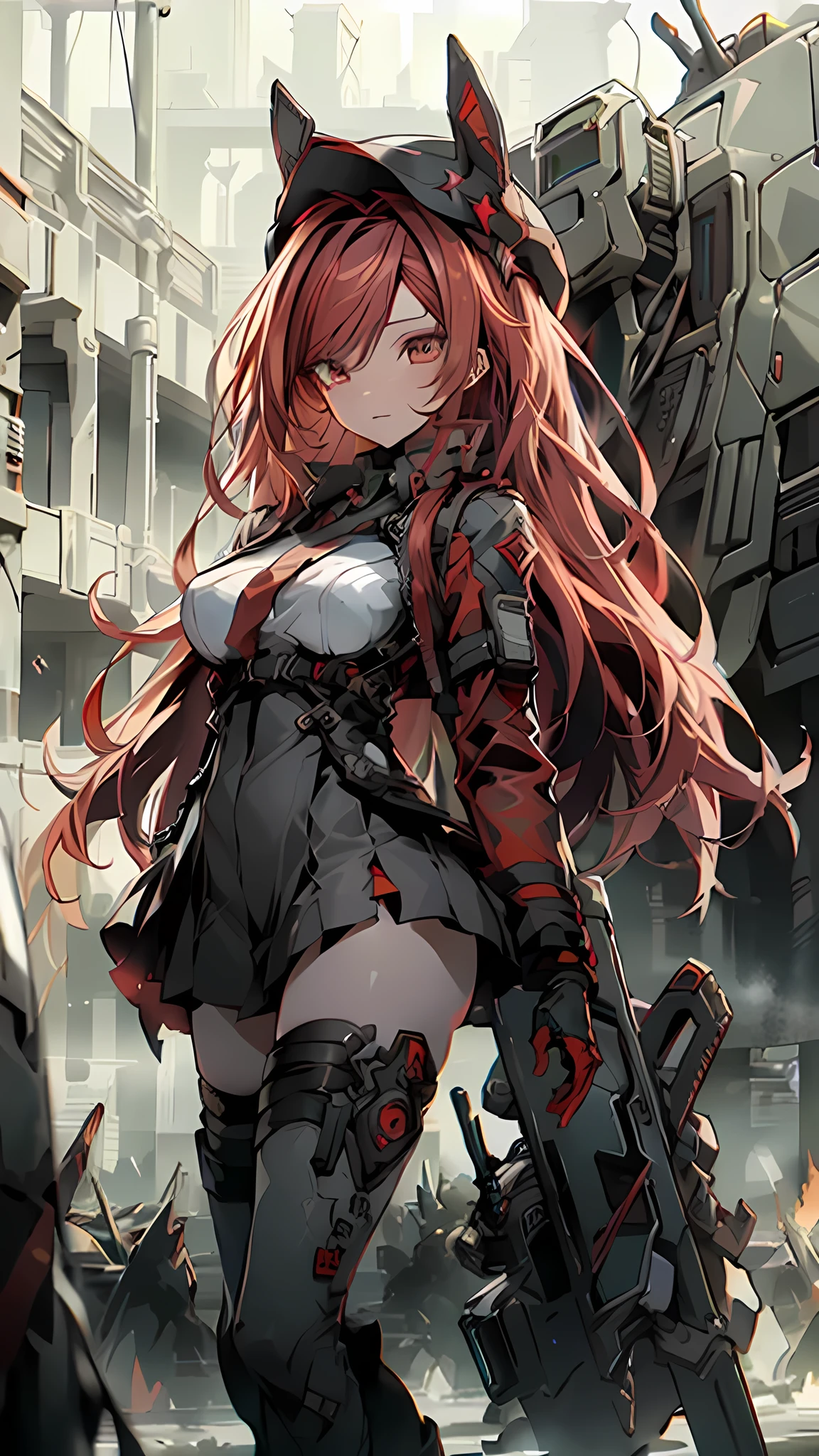 ((Best quality)), ((masterpiece)), (detailed:1.4), 3D, an image of a beautiful cyberpunk female, long burning red hair, burning hair, Red Glowing eyes, Red Trailing Eyes, Black Barret Hat, Red Soldier Shirt, White undercloth, black panty, black skirt, black thick boot, long black kneesock, Grenade belt, Big chest, Big thigh, High thigh black knee sock, full view of girl, battlefield background, black combat boot, red necktie, black glove, White combat suit, black panty, ammo belt, HDR (High Dynamic Range),Ray Tracing,NVIDIA RTX,Super-Resolution,Unreal 5,Subsurface scattering,PBR Texturing,Post-processing,Anisotropic Filtering,Depth-of-field,Maximum clarity and sharpness,Multi-layered textures,Albedo and Specular maps,Surface shading,Accurate simulation of light-material interaction,Perfect proportions,Octane Render,Two-tone lighting,Wide aperture,Low ISO,White balance,Rule of thirds,8K RAW,