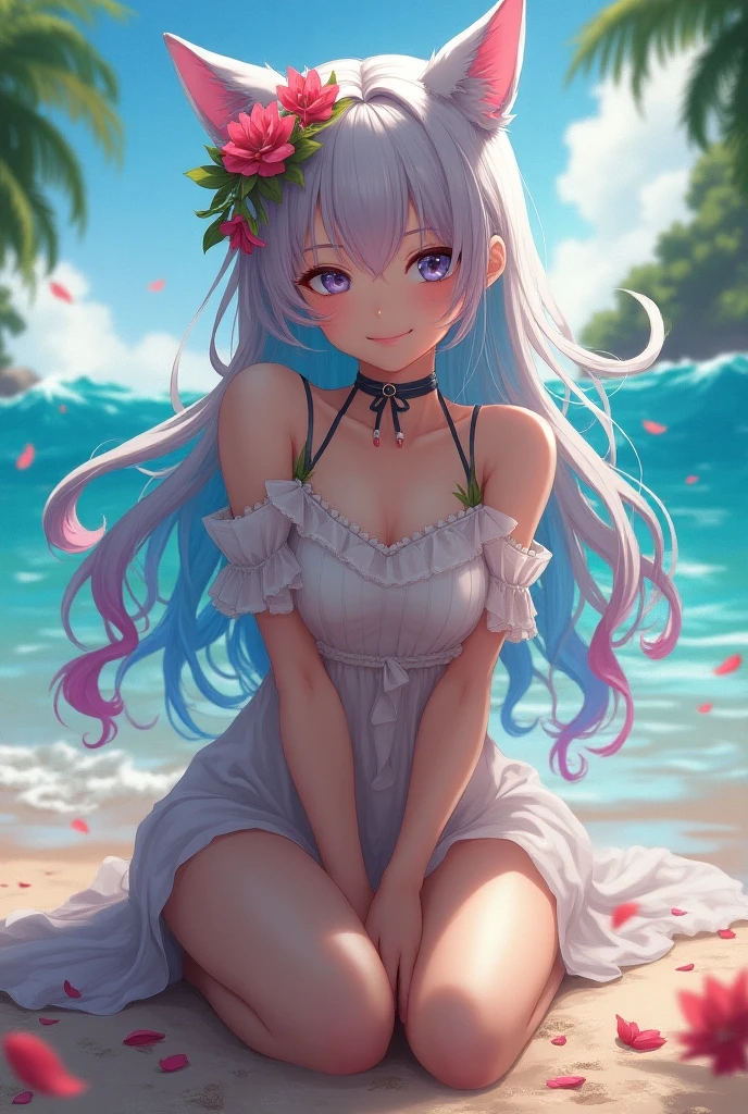 masterpiece, top-quality, Detailed details, Detailed landscapes, beatiful lights, Beautiful Shadows,one girls,12year old,((open one's legs)),(Stand on one knee),Child's body shape,huge smile,(innocent smiles),detailed skin textures,flipflops,long,Bunching hair,Silver hair ornament、silber hair,piercings、Silver necklace、Red bright eyes、Children's swimwear,Fluffy swimsuit,Flip fluffy mini skirt,sea side、sitting on、beach parasol、L size drinks、blue-sky、llight rays、High contrast,(((Look up from between your legs)))