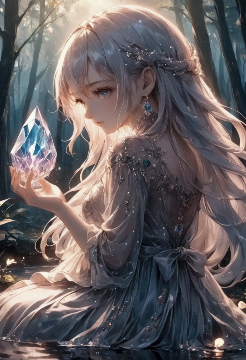 masterpiece, best quality, 8k, highres, ultra-detailed, HDR, UHD, ultra-fine painting, pastel,
Low Fidelity (lofi) art style, 1girl, fullbody,sit down,holding glowing crystal, light source from crystal, dark forest, serene expression, long hair flowing, intricate dress details, dark environment, no sunlight, mystical and magical atmosphere, gentle reflections on water, surrounded by trees, fantasy lighting, peaceful mood