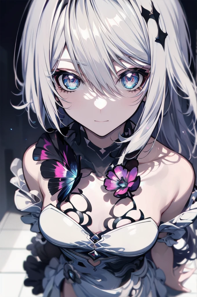 1 girl、Mature、Ample breasts、Sad face、tears、White Dress、White Hair、Purple Eyes、despair、Tattered、Crying、rooftop、Amazingly blue sky、Downtown、Trying to jump off、attempted suicide、
