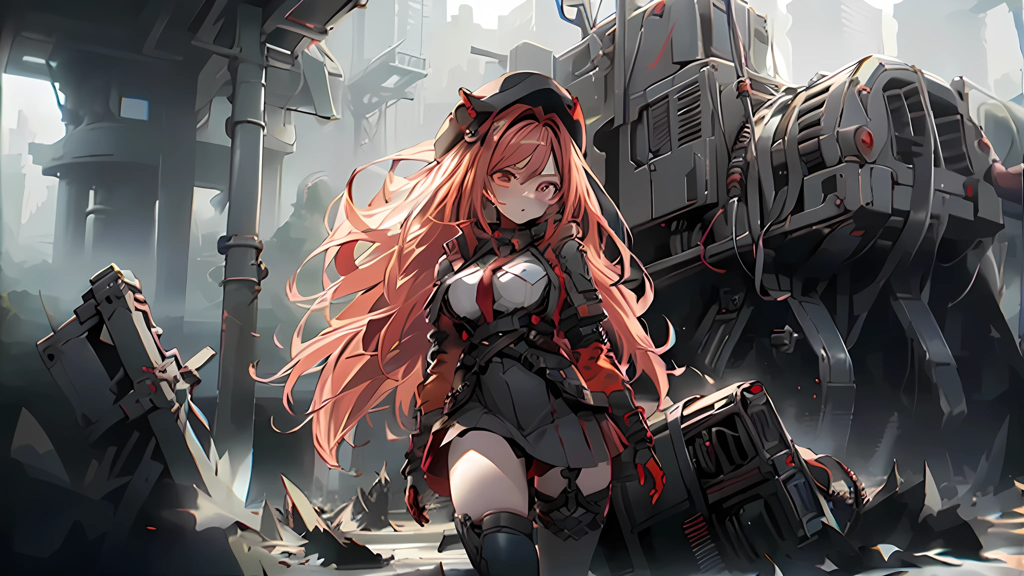 ((Best quality)), ((masterpiece)), (detailed:1.4), 3D, an image of a beautiful cyberpunk female, long burning red hair, burning hair, Red Glowing eyes, Red Trailing Eyes, Black Barret Hat, Red Soldier Shirt, White undercloth, black panty, black skirt, black thick boot, long black kneesock, Grenade belt, Big chest, Big thigh, High thigh black knee sock, full view of girl, battlefield background, black combat boot, red necktie, black glove, White combat suit, black panty, ammo belt, HDR (High Dynamic Range),Ray Tracing,NVIDIA RTX,Super-Resolution,Unreal 5,Subsurface scattering,PBR Texturing,Post-processing,Anisotropic Filtering,Depth-of-field,Maximum clarity and sharpness,Multi-layered textures,Albedo and Specular maps,Surface shading,Accurate simulation of light-material interaction,Perfect proportions,Octane Render,Two-tone lighting,Wide aperture,Low ISO,White balance,Rule of thirds,8K RAW,