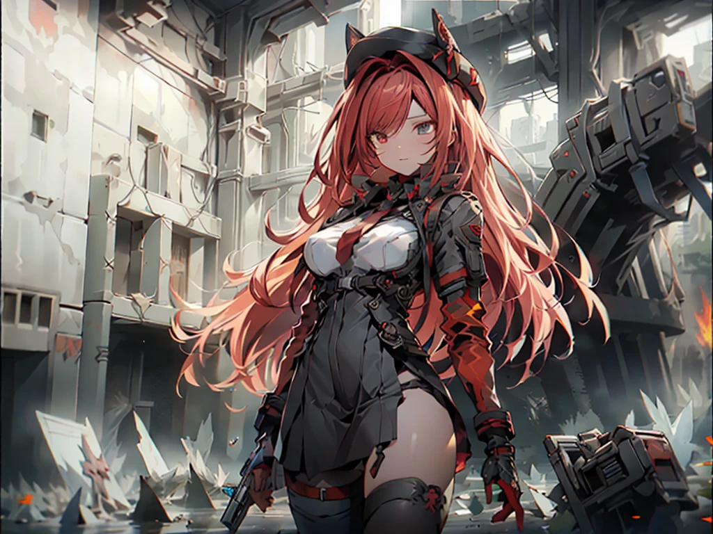 ((Best quality)), ((masterpiece)), (detailed:1.4), 3D, an image of a beautiful cyberpunk female, long burning red hair, burning hair, Red Glowing eyes, Red Trailing Eyes, Black Barret Hat, Red Soldier Shirt, White undercloth, black panty, black skirt, black thick boot, long black kneesock, Grenade belt, Big chest, Big thigh, High thigh black knee sock, full view of girl, battlefield background, black combat boot, red necktie, black glove, White combat suit, black panty, ammo belt, HDR (High Dynamic Range),Ray Tracing,NVIDIA RTX,Super-Resolution,Unreal 5,Subsurface scattering,PBR Texturing,Post-processing,Anisotropic Filtering,Depth-of-field,Maximum clarity and sharpness,Multi-layered textures,Albedo and Specular maps,Surface shading,Accurate simulation of light-material interaction,Perfect proportions,Octane Render,Two-tone lighting,Wide aperture,Low ISO,White balance,Rule of thirds,8K RAW,