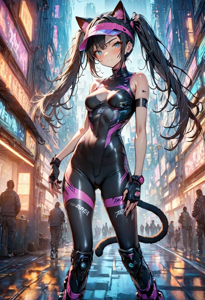 (masterpiece, best quality, ultra detailed, high resolution, detailed facial description), (1 girl:1.3), twin tails, A visor designed to resemble a cat's face, bike wear, bike shorts, machine made cat tail, inline skates, cyberpunk