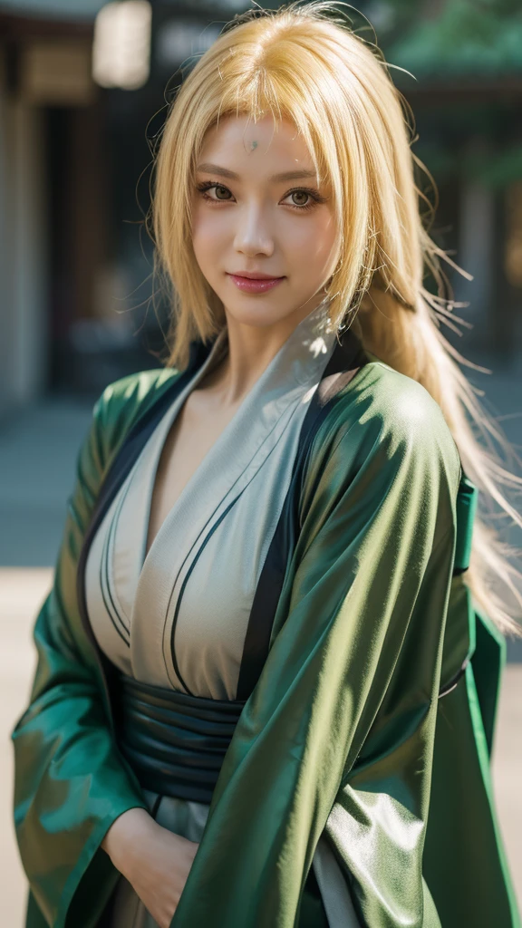 Close-up of a person with long hair and green kimono, Thousand Reins, Thousand Reins from anime naruto, as an Anime Characters, perfect anime face, she has Yellow hair with bangs, female Anime Characters, Anime Characters, Best Girl in Anime, Ji cut hairstyle, Yellow hair, (Ruddy and shiny lips:1.3), Yellow eyes, Smile, City background, (Pretty Face:1.3)