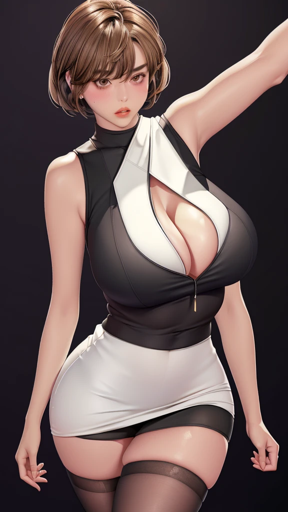 (（（figure，御姐figure,White and tender skin,（（（black sleeveless sweater ，White hip skirt， Black Stockings ）））,(（（Soridef，brown eyes，brown hair，short hair,））),，((masterpiece)), highres icon,((Best quality at best)),masterpiece,quality,Best quality,(（（  to the audience,Light in the eyes， blush，pant）））, huge chest，丰满figure, Black background）））