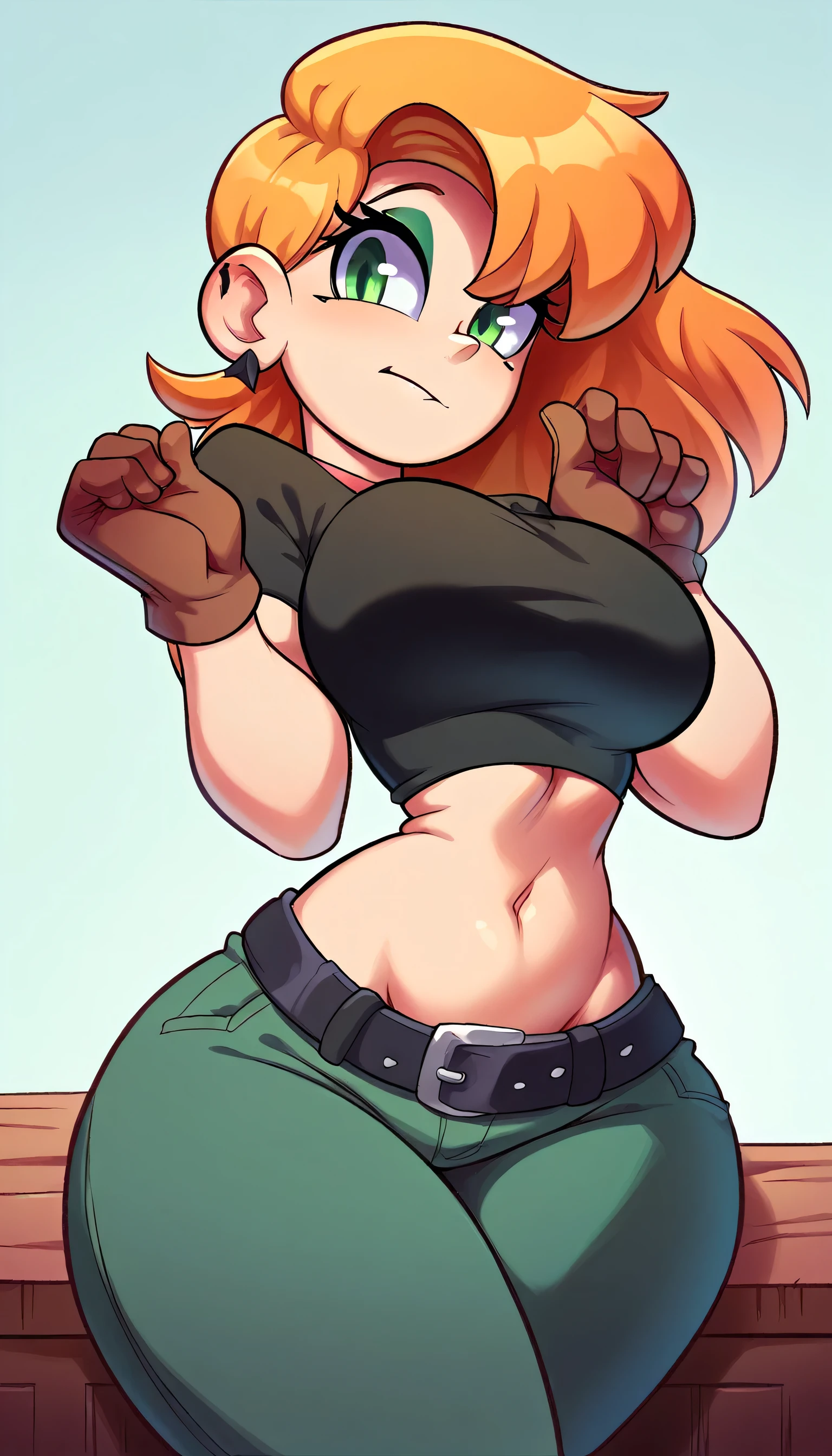 A girl spy agent beautiful big breasts sexy beautiful long straight orange hair her green eye wears short black top shows navel and dark green pants black belt brown boot gloves Black