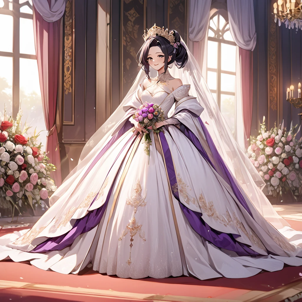  The woman who is the queen of the kingdom has beautiful black hair with purple gradation hair, wears a bride costume from the kingdom, pledges absolute loyalty and love to the old man of the great king, and they love each other by having a wedding、((Best Quality)), ((masterpiece)), ( Details), （ perfect face）,The woman is Kocho Shinobu with outstanding proportions and is finished as a woman wearing a royal bridal gown in a royal mansion 、The woman is smiling gently