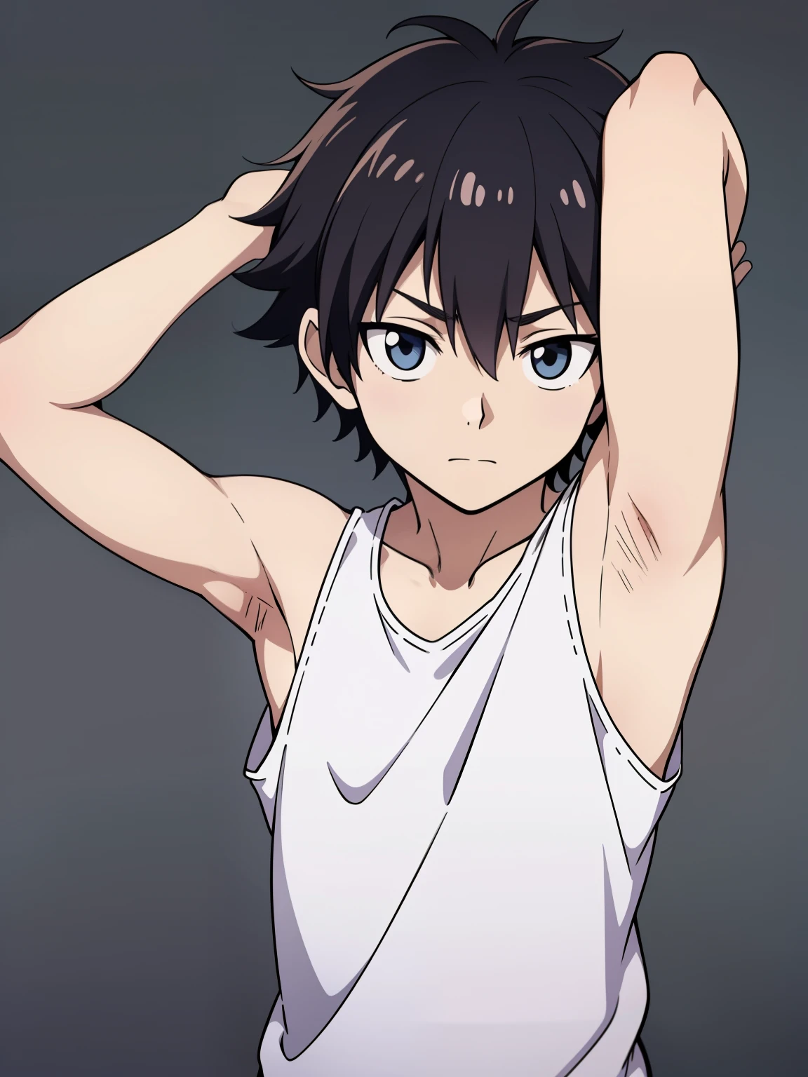 Highres, Masterpiece, Best quality at best,Best Quality,hight quality, hight detailed, Anime style, , 1boy, Boy, Shota, Solo person, Young boy, upper body, slim body, messy hair, Tank top, bare shoulder, grey background, (Showing armpit:1.3), Give me a picture of the armpit of a young boy, the armpit looks clean and smells good, the armpit is very beautiful, the boy is teasing using his armpit, shine closer to the armpit, Cute armpit, Sexy armpit, seductive armpits, Such a cute smooth armpit, The armpits of a boy, Adorable little armpits, Give me a proportional picture of a boy's armpits, (very young boy), (Very small and short body), uhd, bokeh
