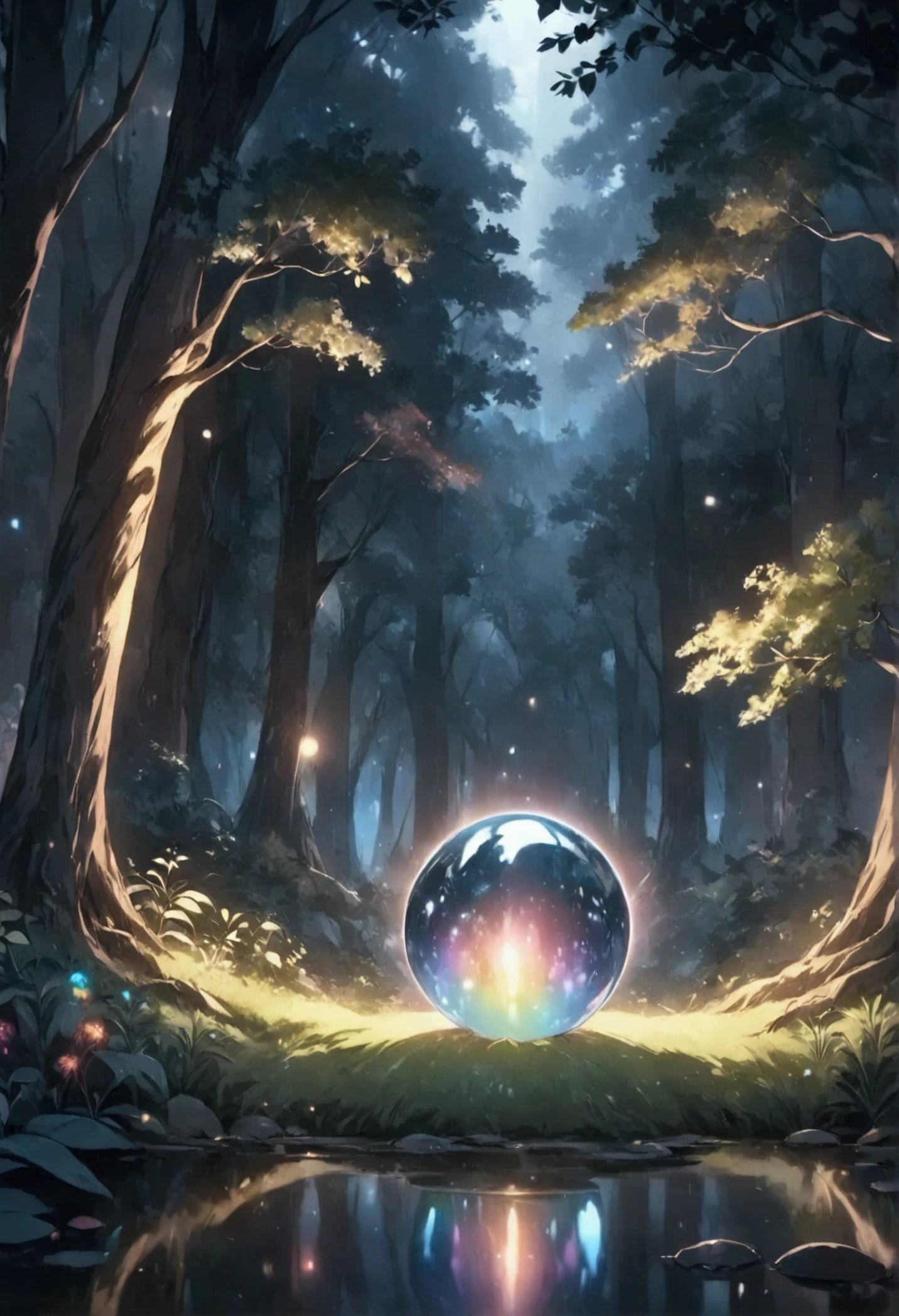 masterpiece, best quality, 8k, highres, ultra-detailed, cute forest, simple and charming style, midnight, dark forest at night,floating small orb,rainbow glowing, single light source, light reflection,surrounded by trees and foliage, peaceful and magical atmosphere,m, whimsical and serene mood, minimalist details