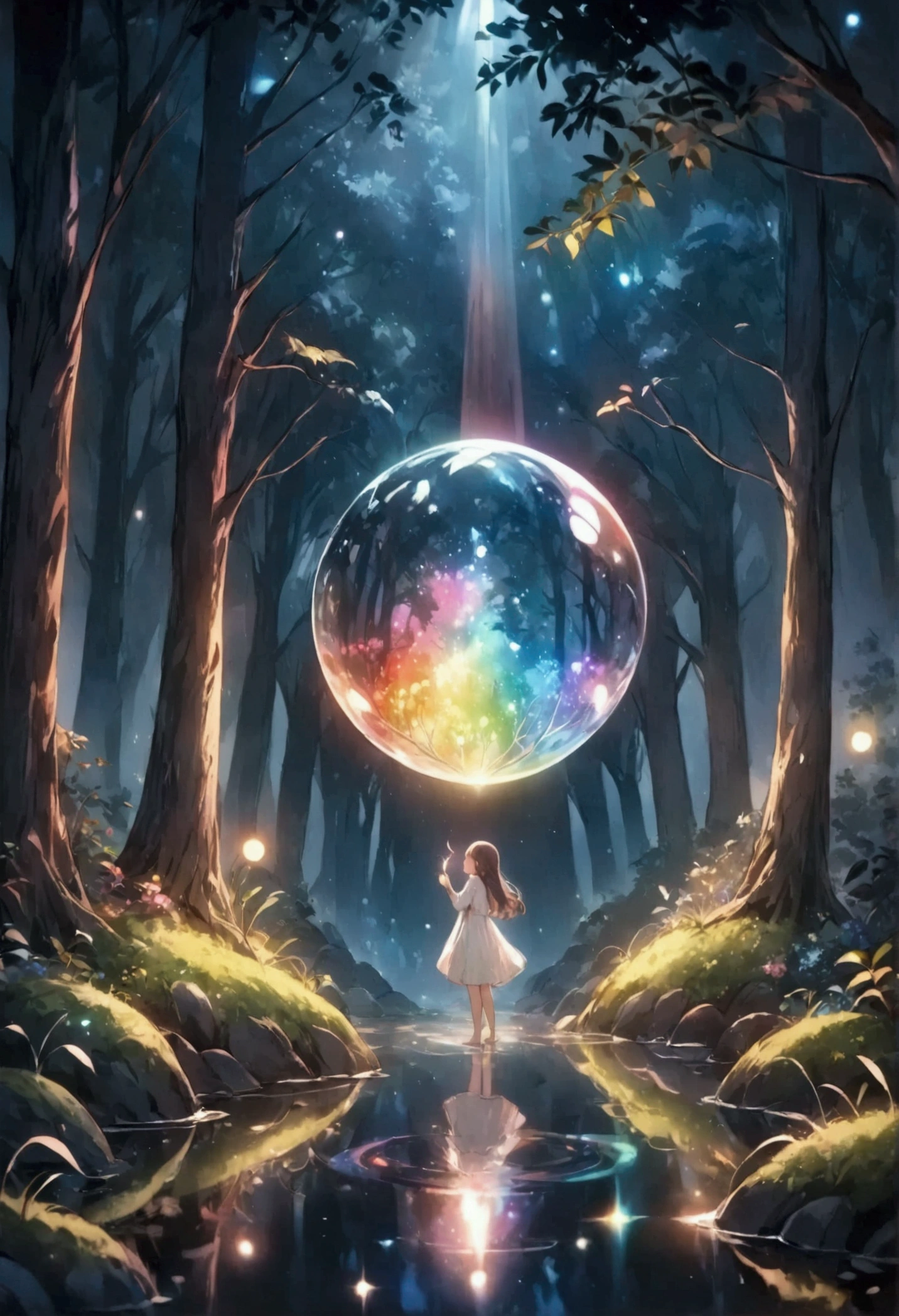 masterpiece, best quality, 8k, highres, ultra-detailed, cute forest, simple and charming style, midnight, dark forest at night,floating small orb,rainbow glowing, single light source, light reflection,surrounded by trees and foliage, peaceful and magical atmosphere,m, whimsical and serene mood, minimalist details