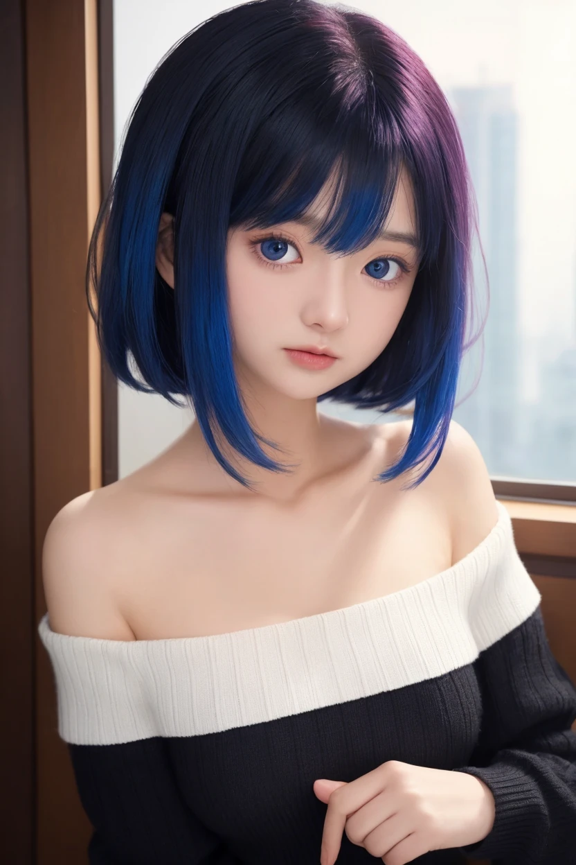 One girl　Russian　Flat Chest　Abdominal muscles　Completely naked　Landmine makeup　from below　jeans　Tank top　Small Boobs　Sunburn　forest　Gravure pose　Young face　Completely naked　Firm Skin　Beauty　high resolution　High precision　Two-tone with black and blue hair　　Detailed skin　16 years old　Red eyes　Detailed face　　whole body　smile　Double teeth　Bobcut