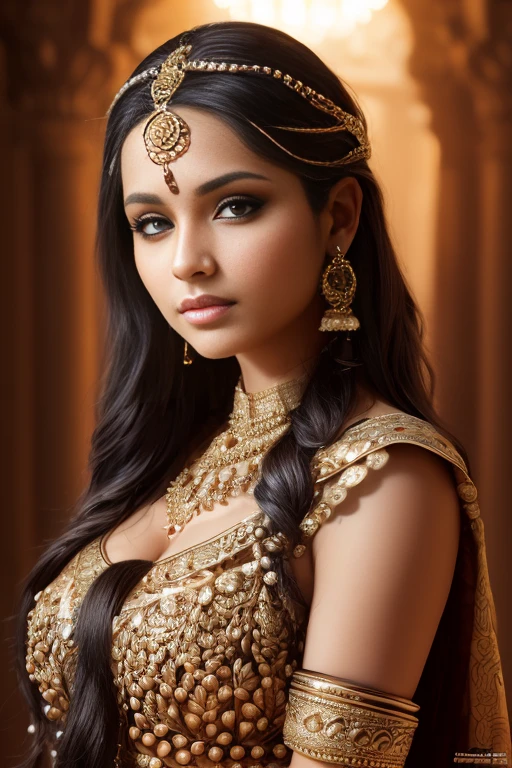 A beautiful Hindu princess, with long silky black hair, almond-shaped brown eyes, full lips, round face, adorned with hoop earrings, nose piercings, necklaces around her neck,Bracelets and bangles on the arms, large breasts, wide hips, thick thighs, wearing the attire of a Hindu princess, bare feet, dark skin, scenery Luxurious quarters of a Hindu princess,showing the whole body   (best quality, 4k, 8k, highres, masterpiece: 1.2), ultra-detailed, (realistic, photorealistic, photo-realistic: 1.37), extremely detailed eyes and face, portrait, fantasy, intricate details, dramatic lighting, vibrant colors, cinematic composition