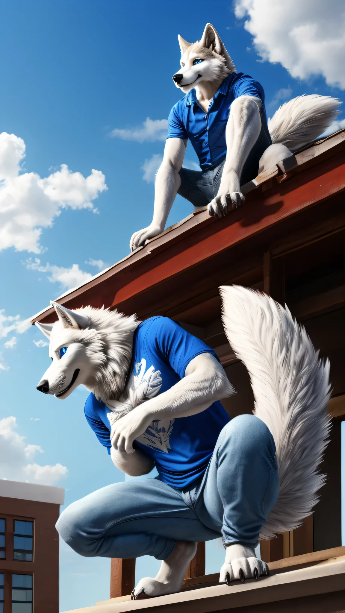  Two male white wolves side by side furry, sky blue jeans and sky blue shirts , squat pose, legs open, blue sky background, on the roof, white clouds long and fluffy tail,  blue eyes , clawed hands, feet with wolf claws ,  looking at the spectator 