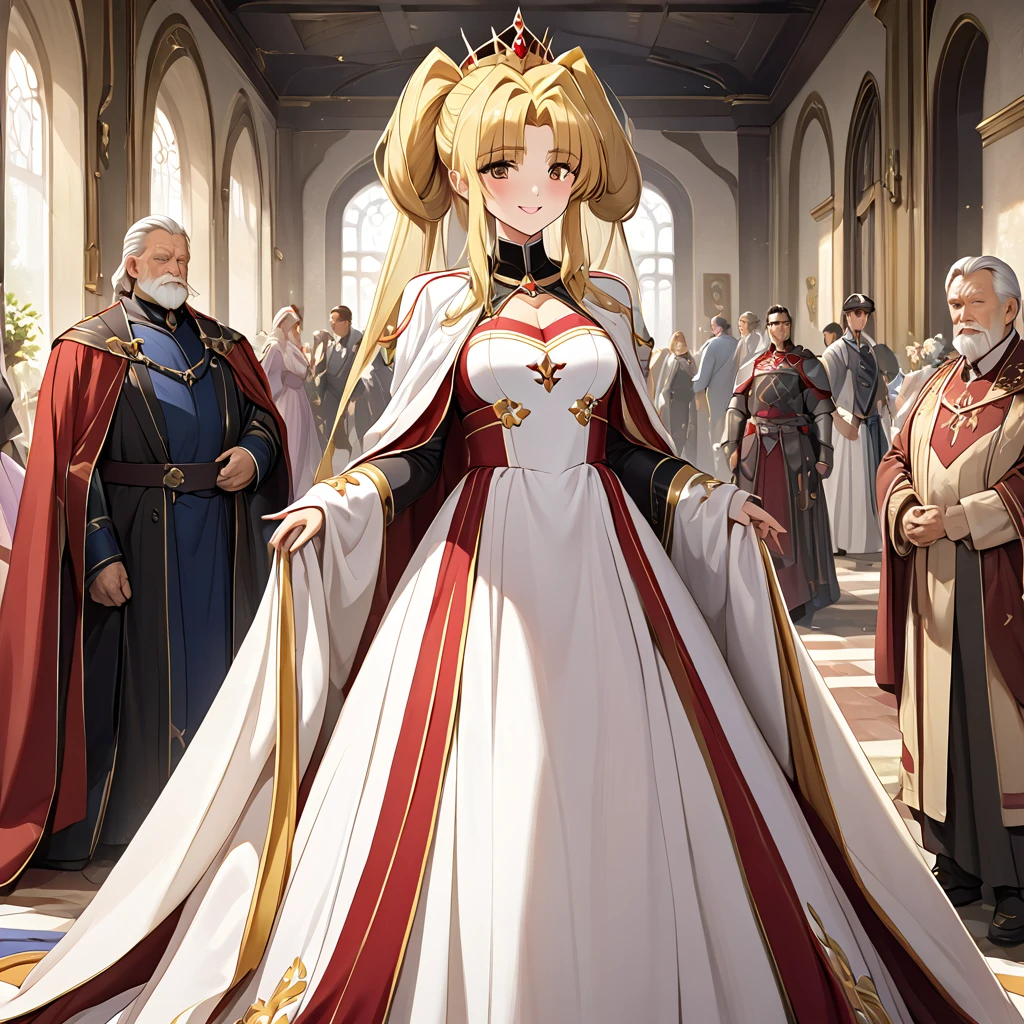  The woman who is the queen of the kingdom is a beautiful blonde Fate Testarossa, wears a gorgeous queen's dress, pledges absolute loyalty and love to the old man of the great king, and supports and loves each other in public and private as a wife、((Best Quality)), ((masterpiece)), ( Details), （ perfect face）,The woman is a Fate Testarossa with excellent proportions and is finished as the queen woman of the kingdom in her mansion 、The woman is smiling gently