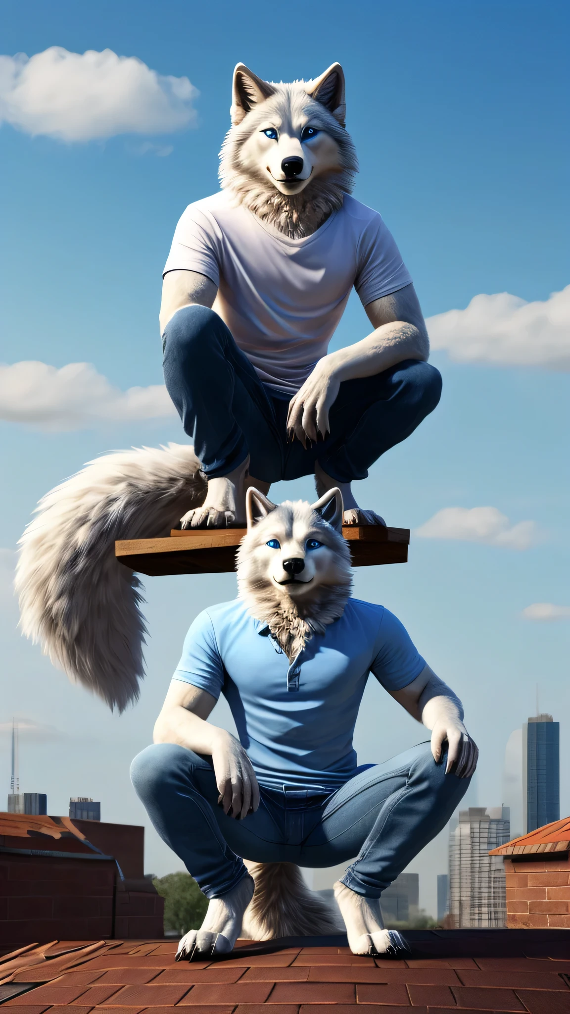  Two male white wolves side by side furry, sky blue jeans and sky blue shirts , squat pose, legs open, blue sky background, on the roof, white clouds long and fluffy tail,  blue eyes , clawed hands, feet with wolf claws ,  looking at the spectator 