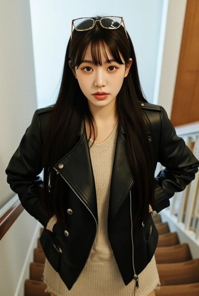 Create a picture of a young woman standing confidently on a staircase indoors. She is wearing a stylish black leather jacket over a light knitted sweater, giving off a casual yet chic vibe. Her long, dark hair flows naturally, and she has sunglasses perched on top of her head, adding a touch of sophistication. She gazes directly at the camera with a soft but confident expression. The overall mood is cool, modern, and relaxed, with a focus on casual street style in an everyday setting. 