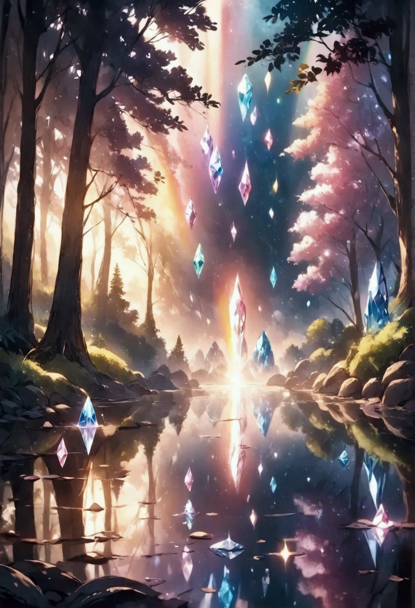 masterpiece, best quality, 8k, highres, ultra-detailed, cute forest, simple and charming style, midnight,floating rainbow crystal, crystal light reflection,surrounded by trees and foliage, peaceful and magical atmosphere, soft and gentle lighting, whimsical and serene mood, minimalist details