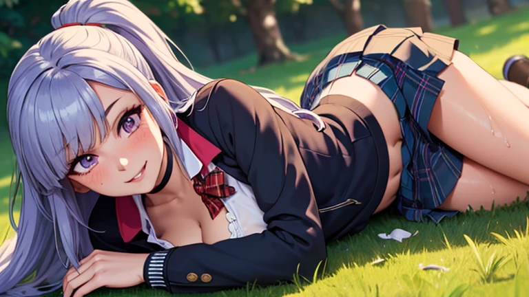 1girl, ((masutepiece, Best Quality, hight resolution, Perfect Pixel))), 16K, top-quality, erotic masterpiece:1.2), full body seen、(hyper-anime:1.37), (super detailed ), (one stunning girl), (extremely detailed and lifelike), (captivating, beautifully detailed eyes), (every curve and detail is super detailed), (exquisite detailed face), Sensual expression, Cool girl, passion, Dynamic), BREAK, girl, Yayoi, long hair, long ponytail, ((color RGB 169, 155, 237 hair)), red ribbon in hair, black choker, purple eyes, muslos, wide hips, wet body, wet face, wet thighs, wet on the legs, BREAK, (a youthful and vibrant 20-year-old), (1 girl, a vision of beauty), ( long hair), (perfectly shaped medium breasts), (perfect lighting to showcase her beauty), neckline, cleavage, BREAK, (her expression, a mix of confidence and desire, ((Beautiful eyelashes, Realistic eyes)), medium breasts, Perfect body, ((red bowtie, School uniform, Black jacket, Open jacket, Brown cardigan, White shirt, gray skirt, plaid skirts)), NSFW, anime style girl, (idol), (Charming), ((Puffy eyes)), Smiling, Laughing, ( lie on grass:1.3)