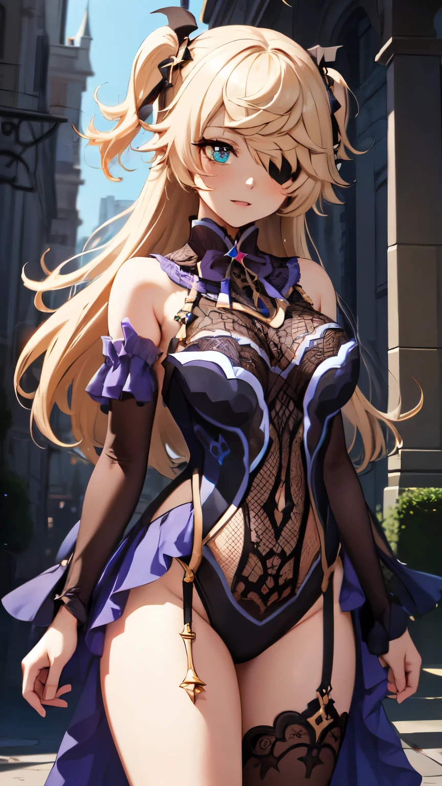 Young blonde girl, black eye patch, twin large ponytails, 
BREAK (masterpiece:1.2), best quality, high resolution, unity 8k wallpaper, (illustration:0.8), (beautiful detailed eyes:1.6), extremely detailed face, perfect lighting, extremely detailed CG, (perfect hands, perfect anatomy), joyful, laughing, Happy, (thigh corset with deep lace neckline), portrait (3:4), posing. In darkness next to a scary castle.